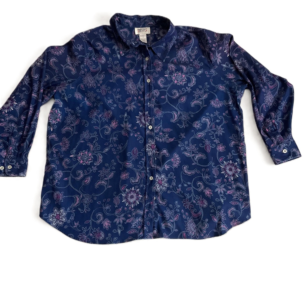Mainstreet Blues Blue Floral Long Sleeve Collared Shirt Button Up Size 1X